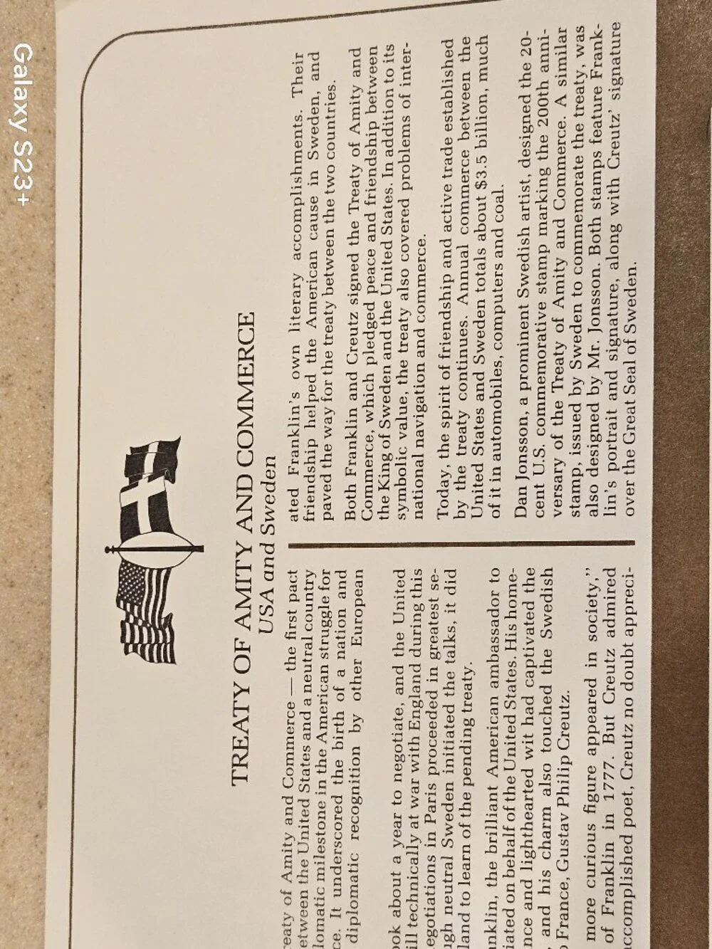 RARE COLLECTIBLE USPS 1ST DAY ISSUE COVER TREATY AMITY & COMMERCE SWEDEN STAMP